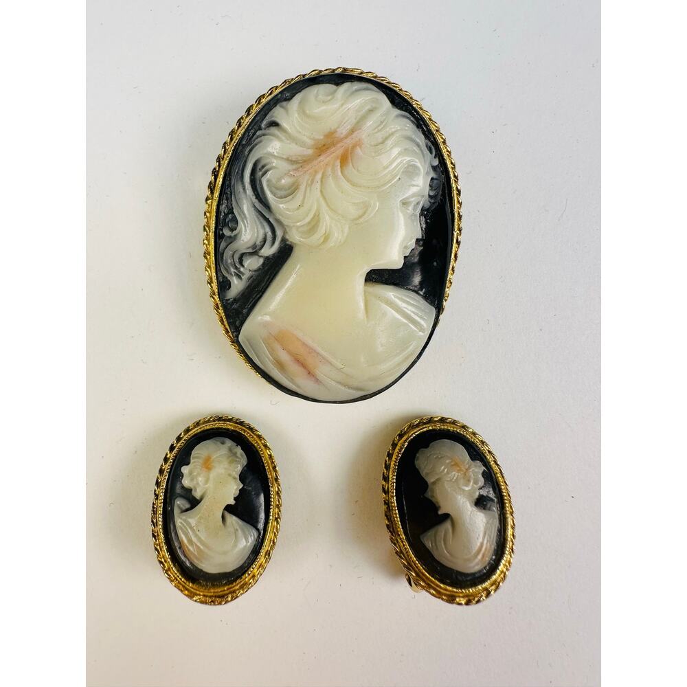 Vintage Cameo Brooch and Earrings Set